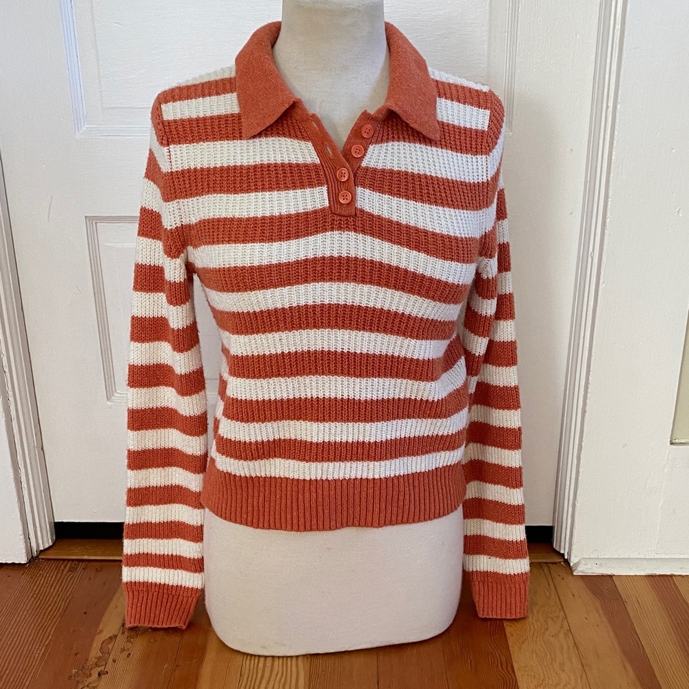 American Eagle Outfitters Orange Striped Collared Sweater Medium